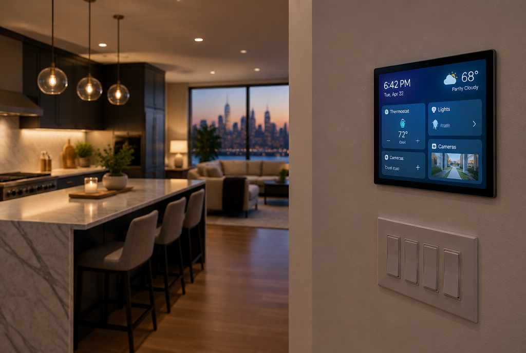 A smart-home control display mounted flush on the wall of a modern New Jersey home