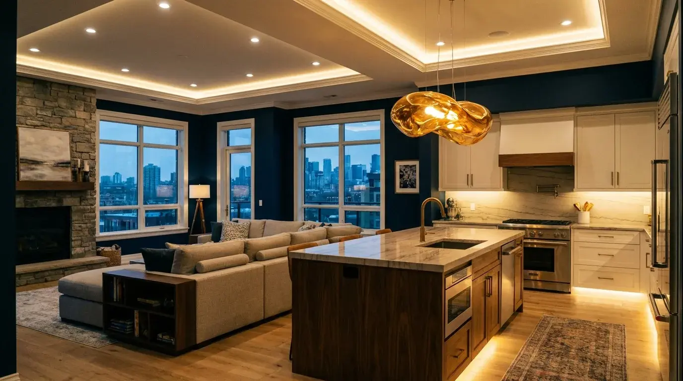 Ceiling with evenly spaced recessed LED downlights in a finished room — Malfettone Electric reel still