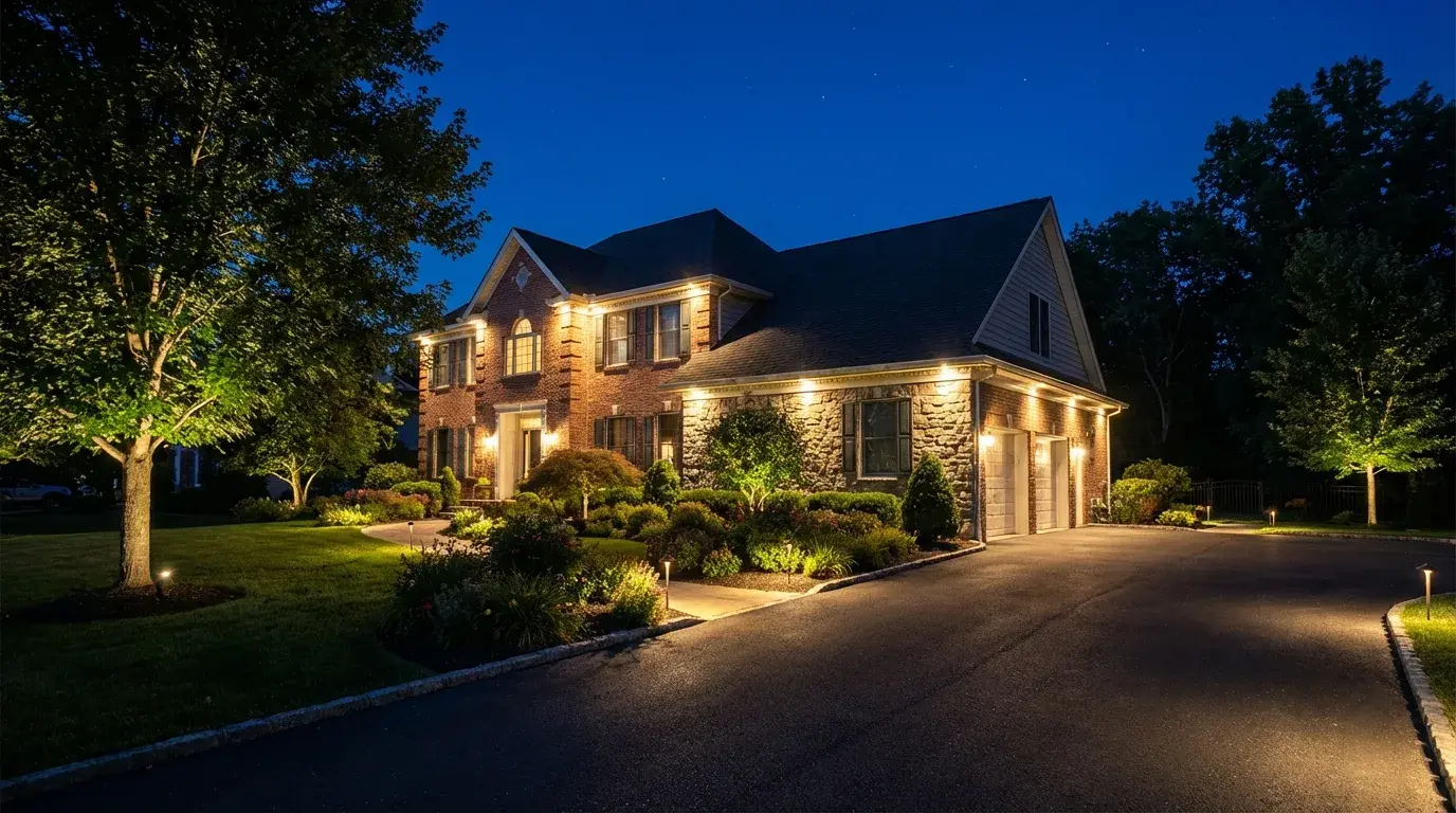 Exterior of a home lit by low-voltage landscape lighting — Malfettone Electric outdoor lighting reel still